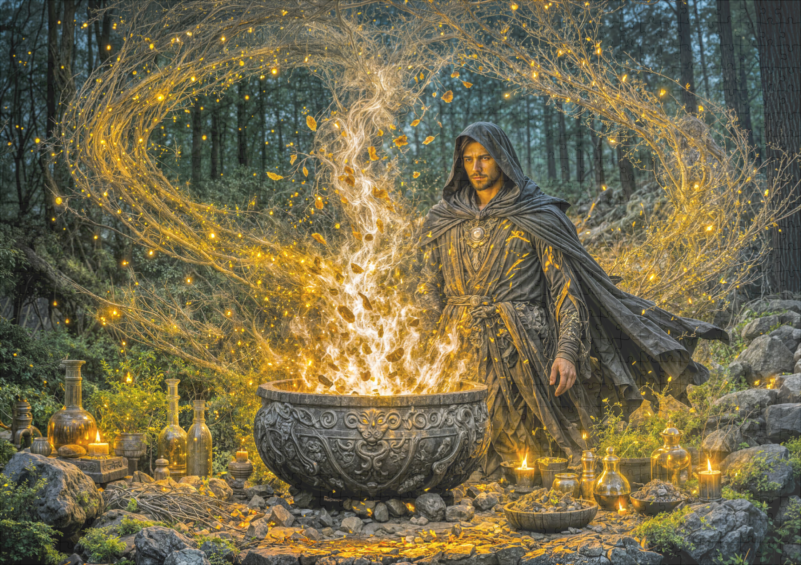 raxxa Premium-Puzzle: Dynamic Fantasy Wizard with Glowing Magical Cauldron - Imagen 2