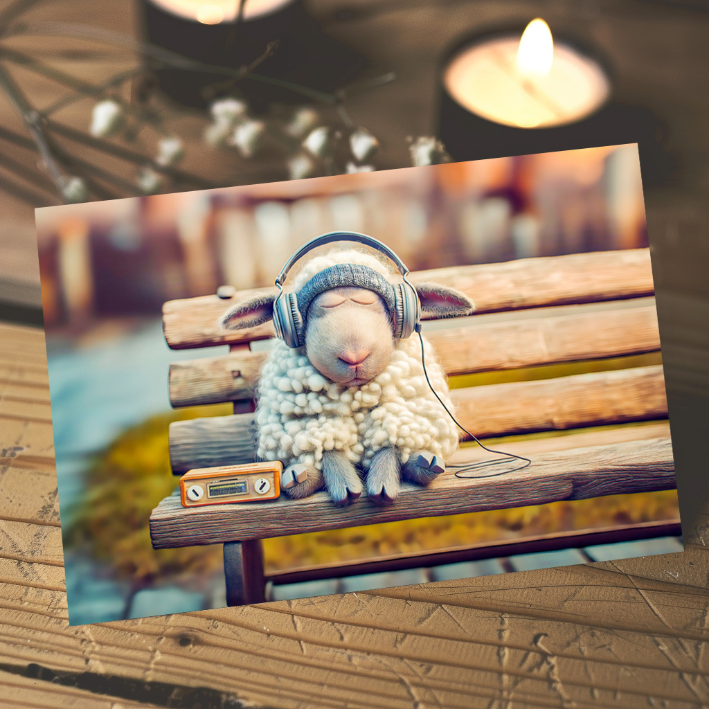 raxxa Postkarte: Sheep napping with headphones bench