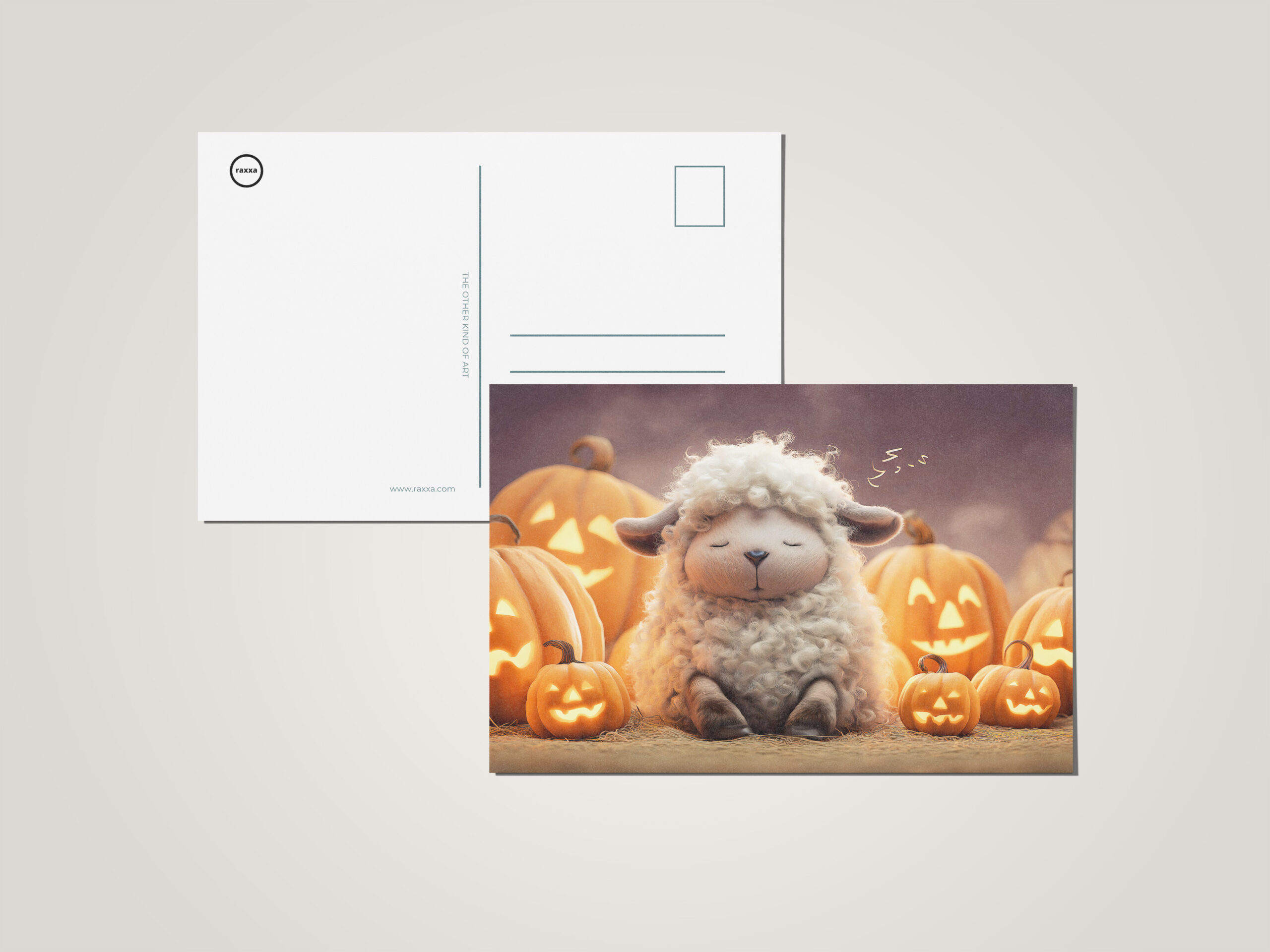 raxxa Postkarte: Sheep sleeping among Halloween pumpkins illustration