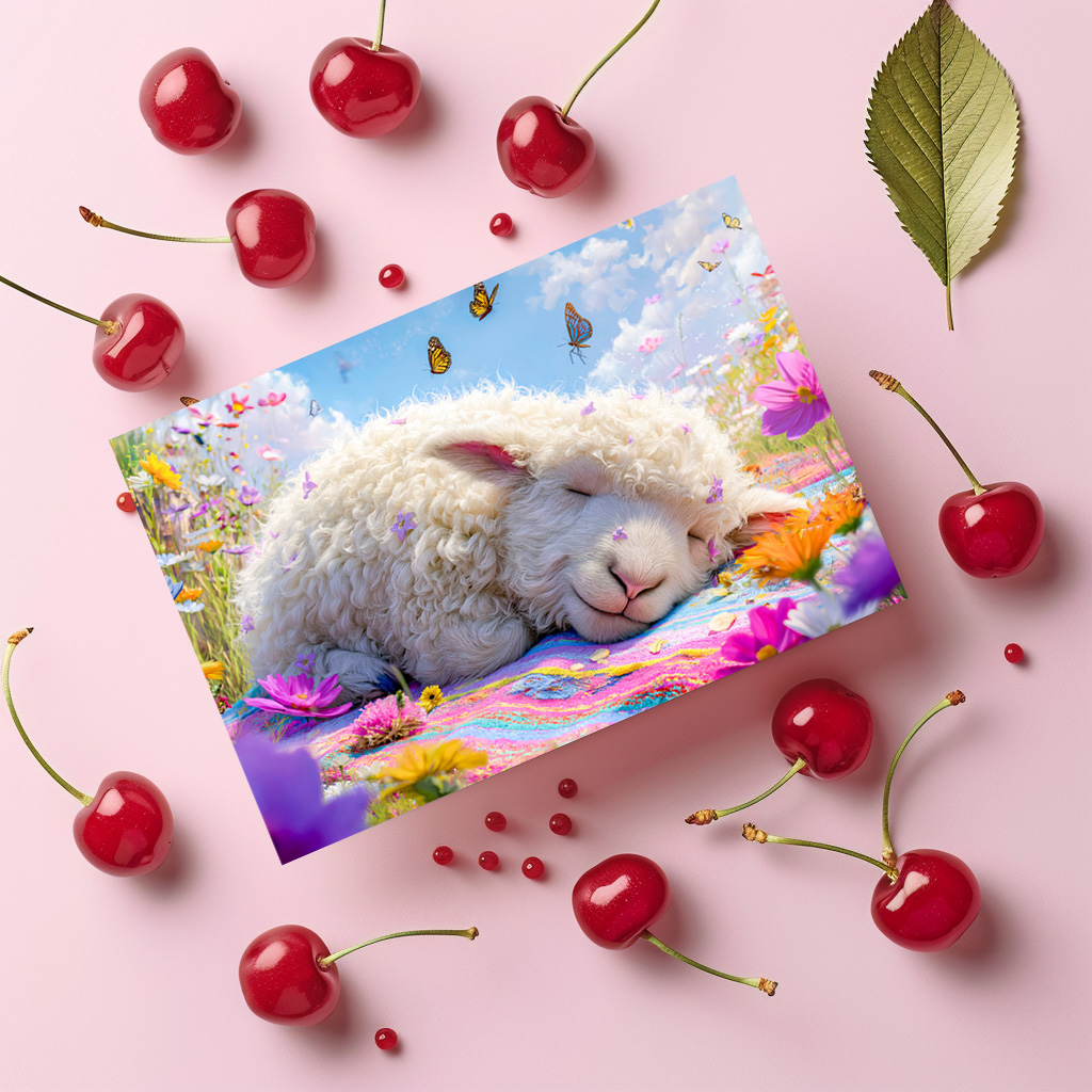 raxxa Postkarte: Sleeping sheep on meadow picnic blanket
