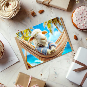 raxxa Postkarte: Relaxing sheep sleeping in beach hammock
