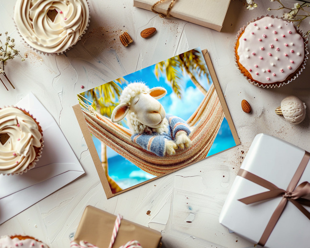 raxxa Postkarte: Relaxing sheep sleeping in beach hammock
