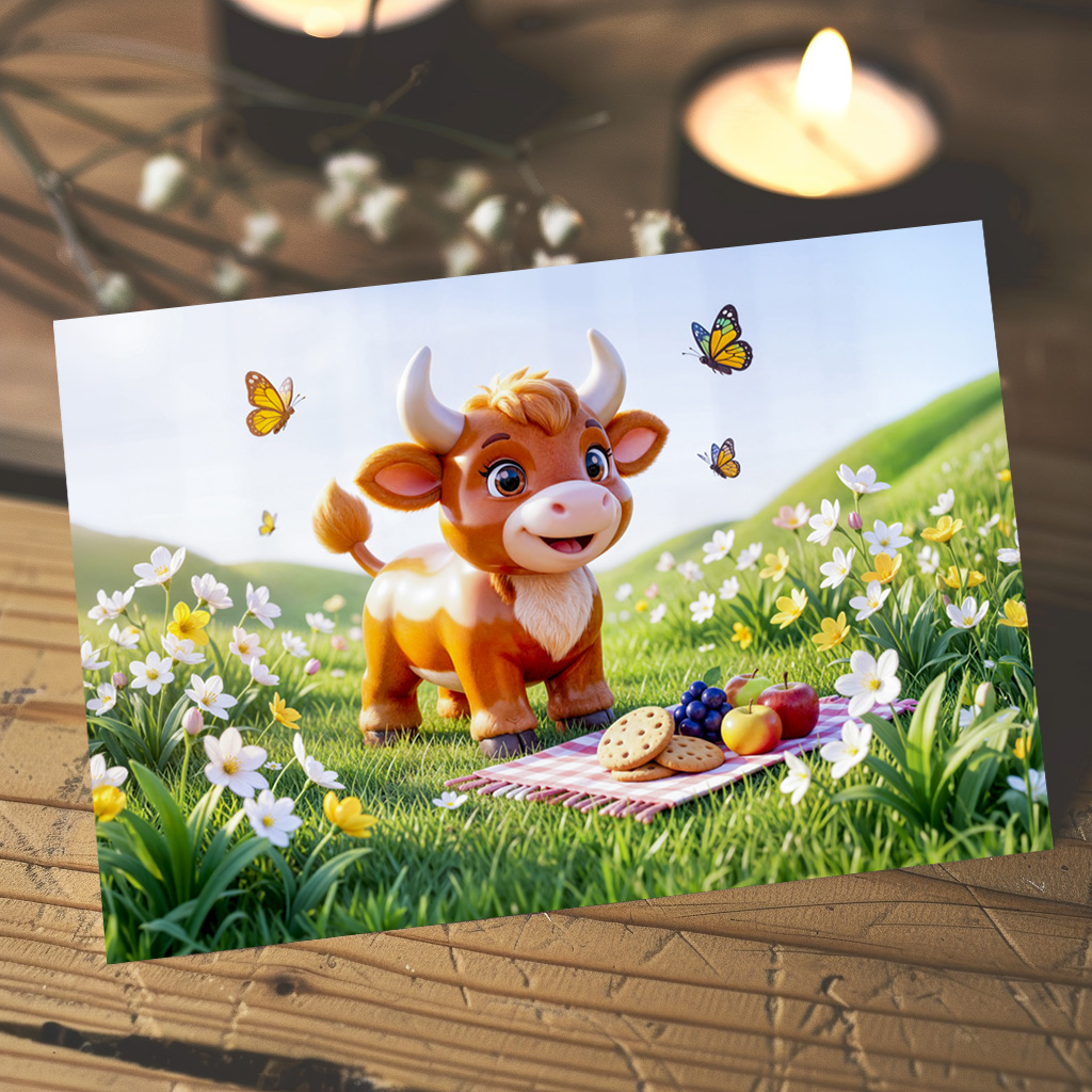 raxxa Postkarte: Cute 3D Taurus Zodiac Picnic