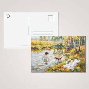 raxxa Postkarte: Woman Bathing in Pond with Cavalier Spaniel