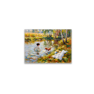 raxxa Glas-Magnet: Woman Bathing in Pond with Cavalier Spaniel
