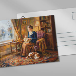 raxxa Postkarte: Woman Embroidering by Window with Cavalier Spaniel