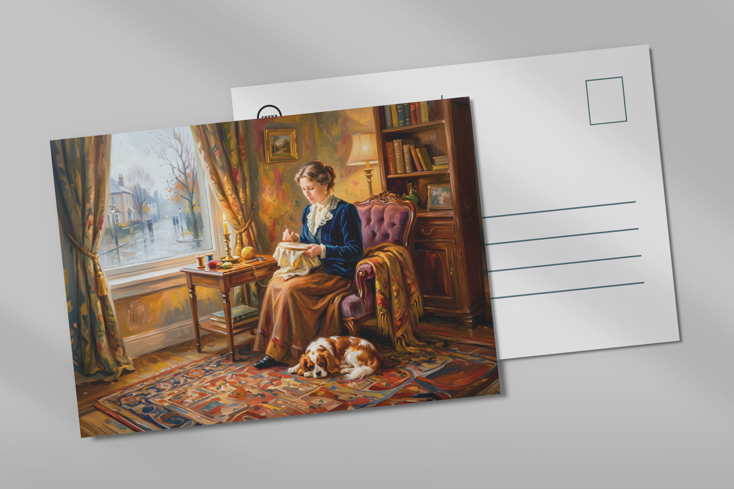 raxxa Postkarte: Woman Embroidering by Window with Cavalier Spaniel