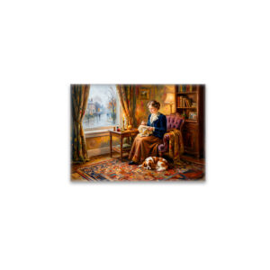 raxxa Glas-Magnet: Woman Embroidering by Window with Cavalier Spaniel
