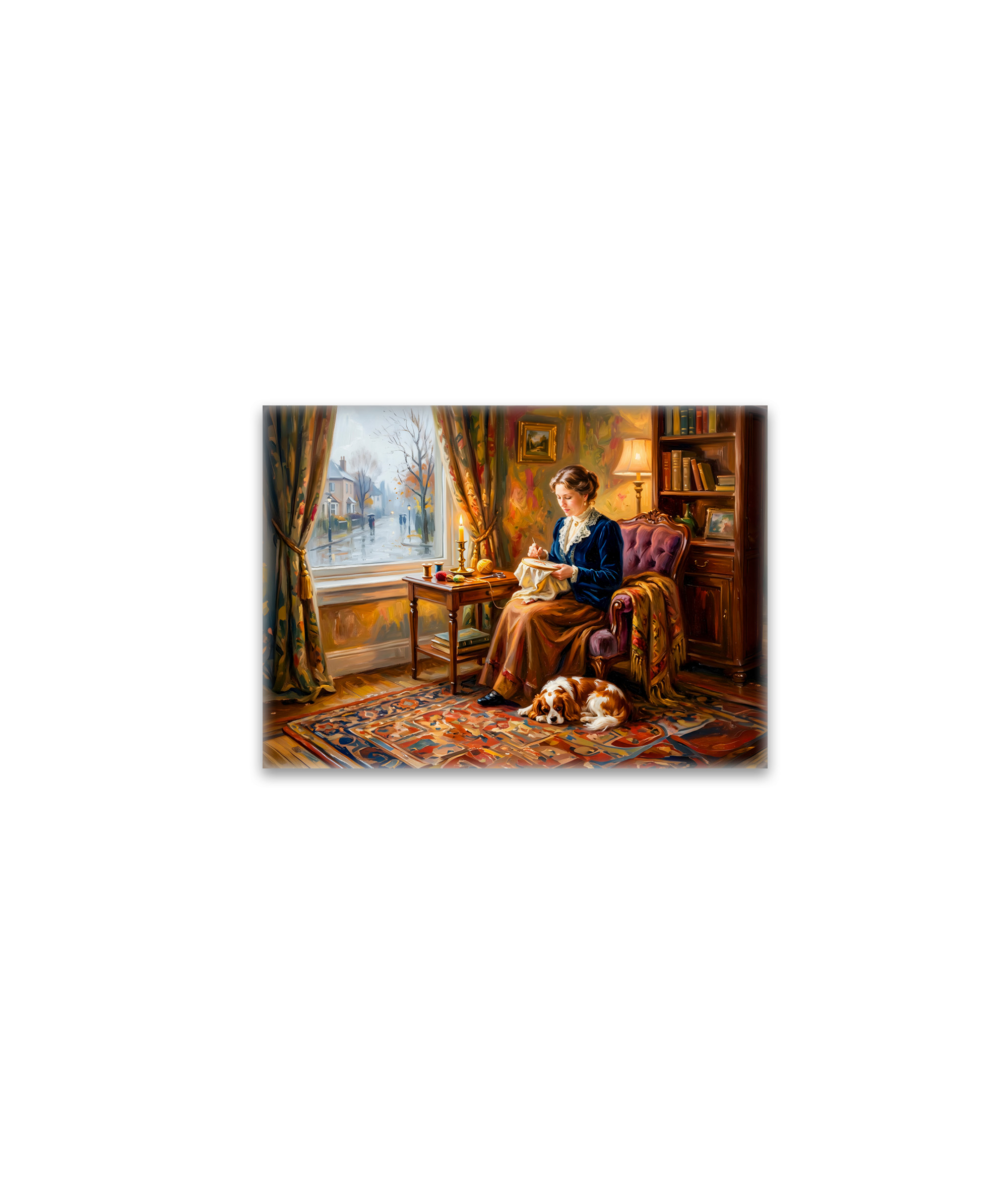 raxxa Glas-Magnet: Woman Embroidering by Window with Cavalier Spaniel
