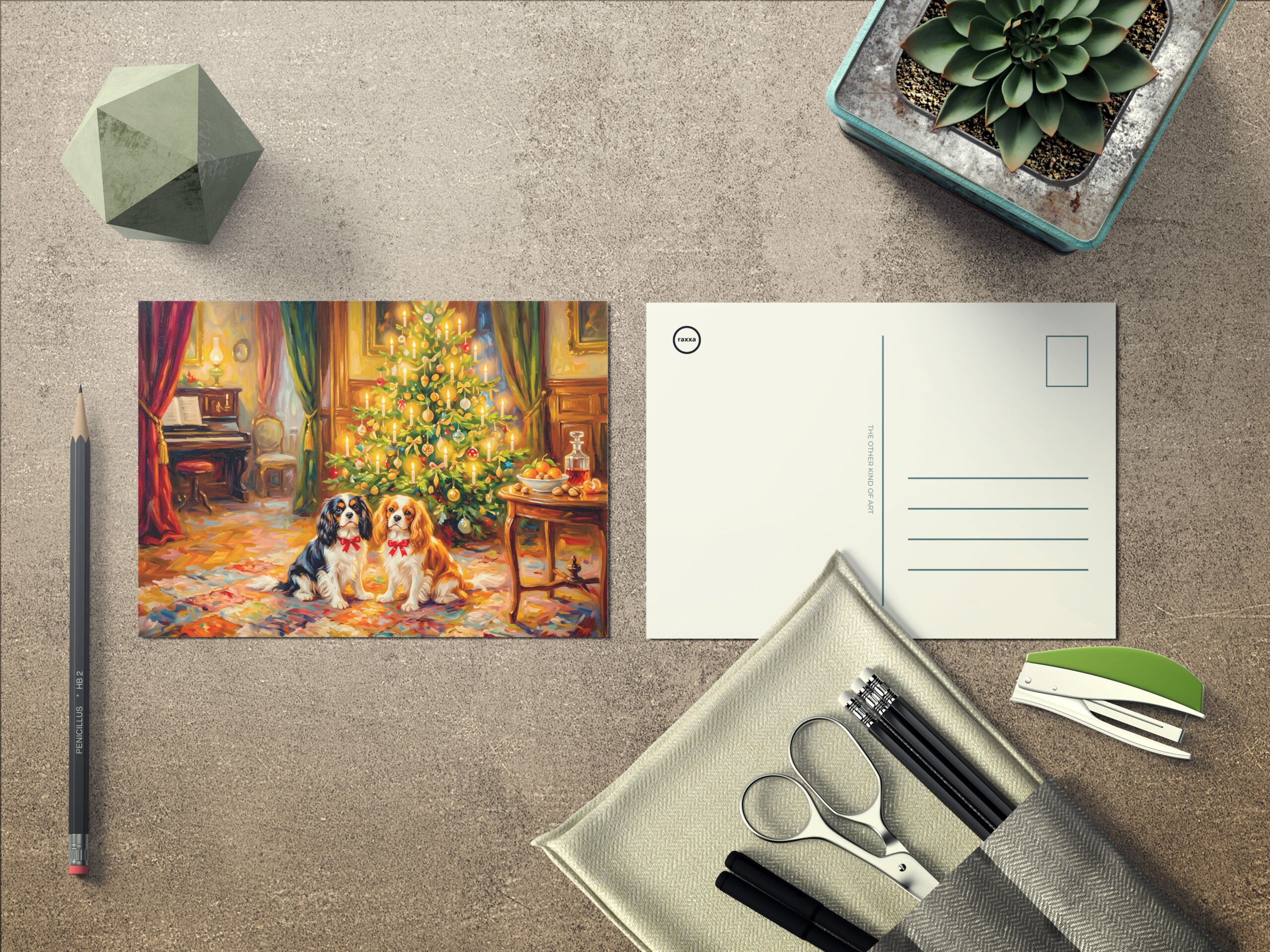 raxxa Postkarte: Cavalier Spaniels by Christmas Tree