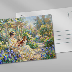 raxxa Postkarte: Woman Reading in Garden with Cavalier Spaniel