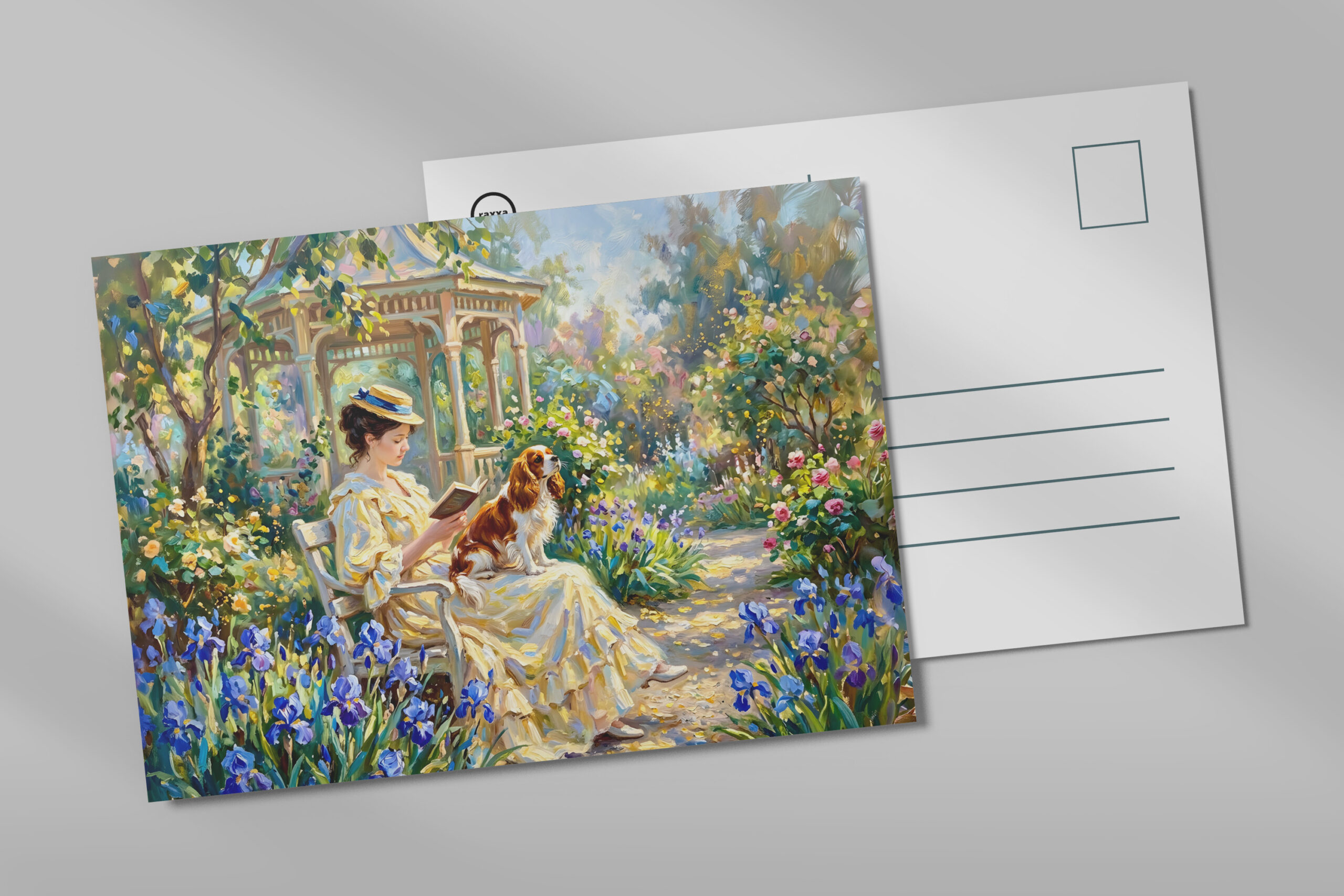 raxxa Postkarte: Woman Reading in Garden with Cavalier Spaniel