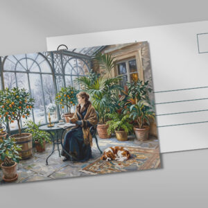 raxxa Postkarte: Cozy Winter Orangery with Cavalier Spaniel