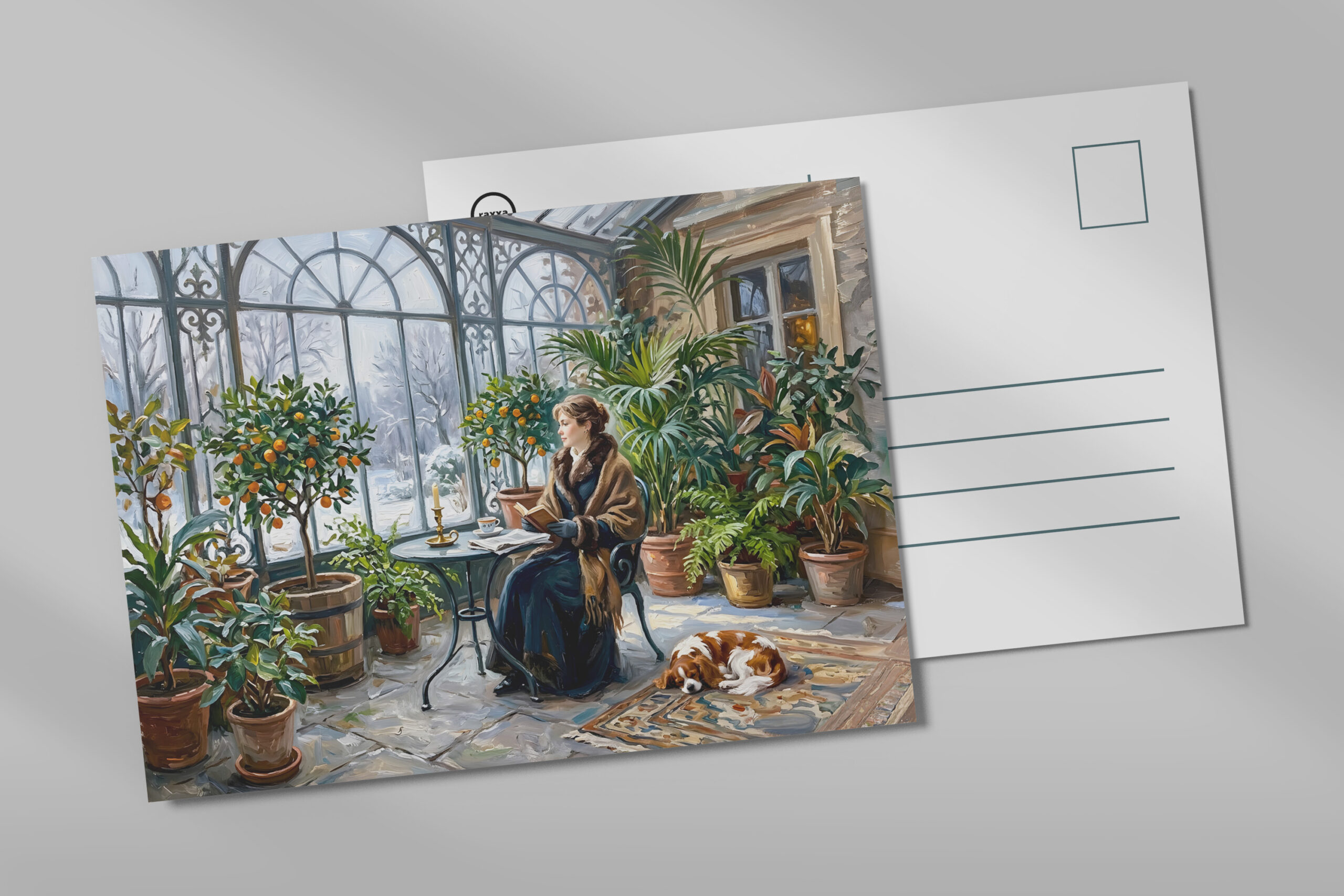 raxxa Postkarte: Cozy Winter Orangery with Cavalier Spaniel