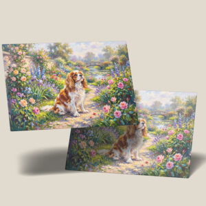 raxxa Postkarte: Cavalier Spaniel in Summer Garden by Pond