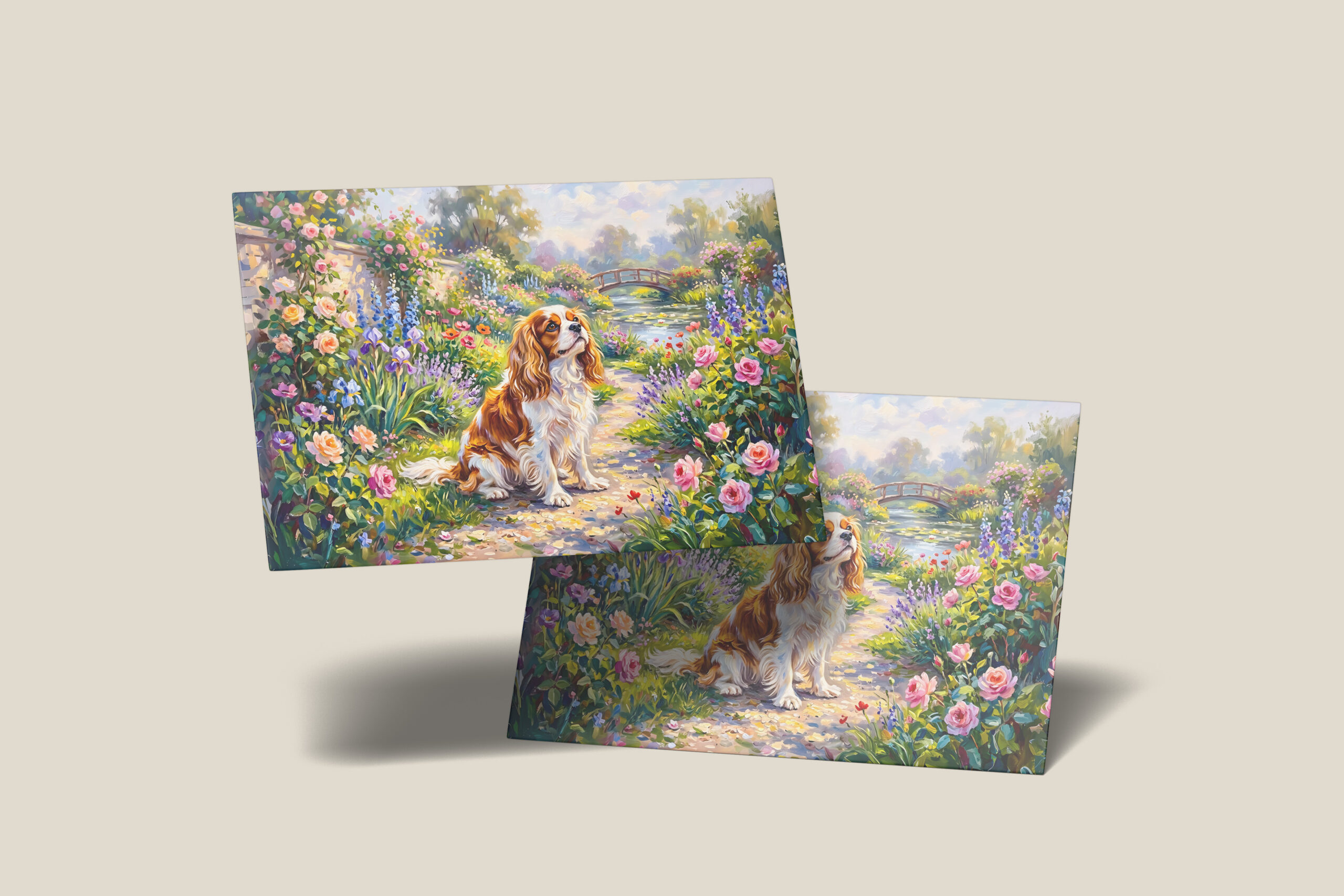 raxxa Postkarte: Cavalier Spaniel in Summer Garden by Pond