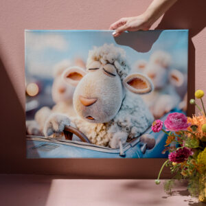 raxxa Canva: Sheep sleeping at car steering wheel illustration