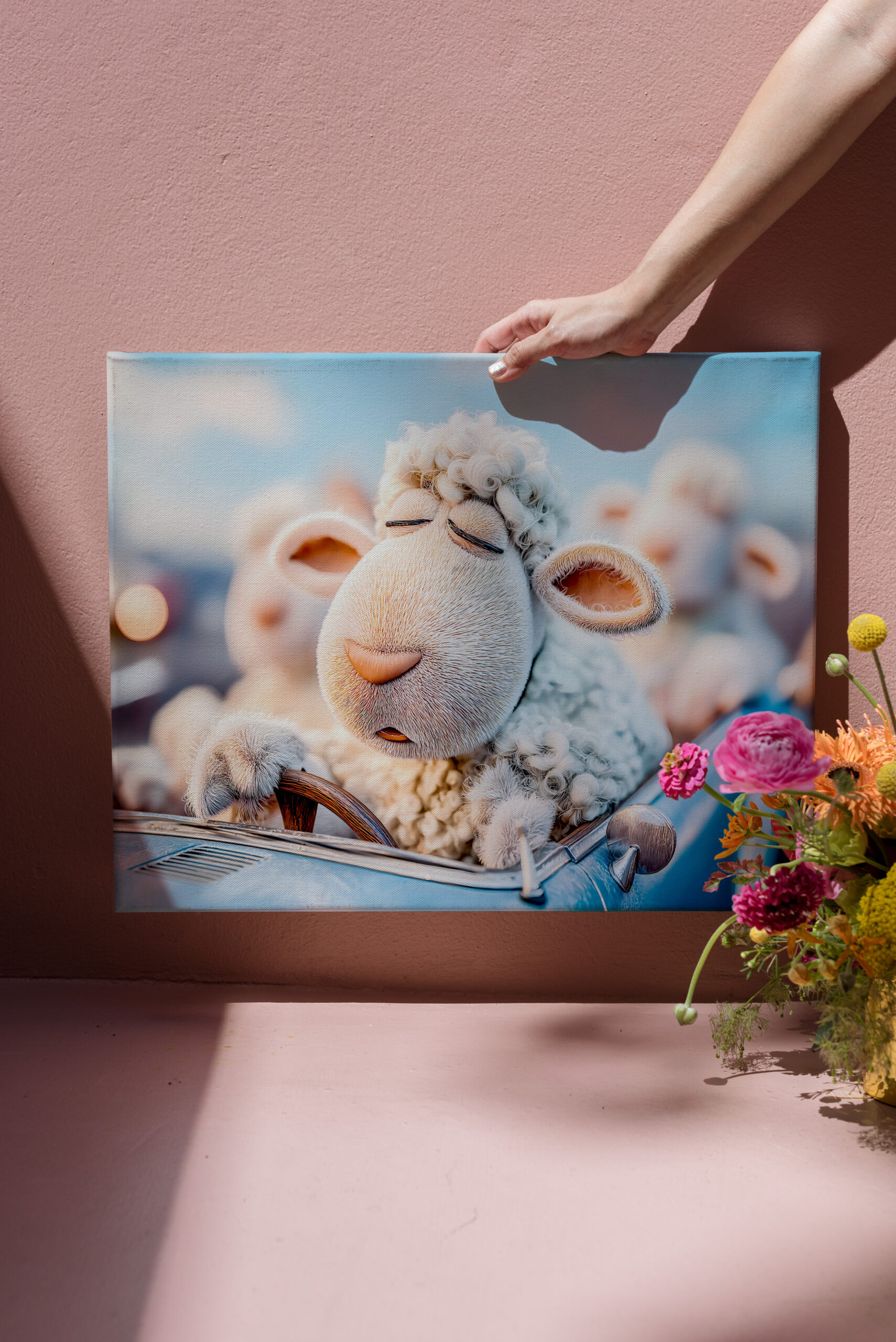 raxxa Canva: Sheep sleeping at car steering wheel illustration
