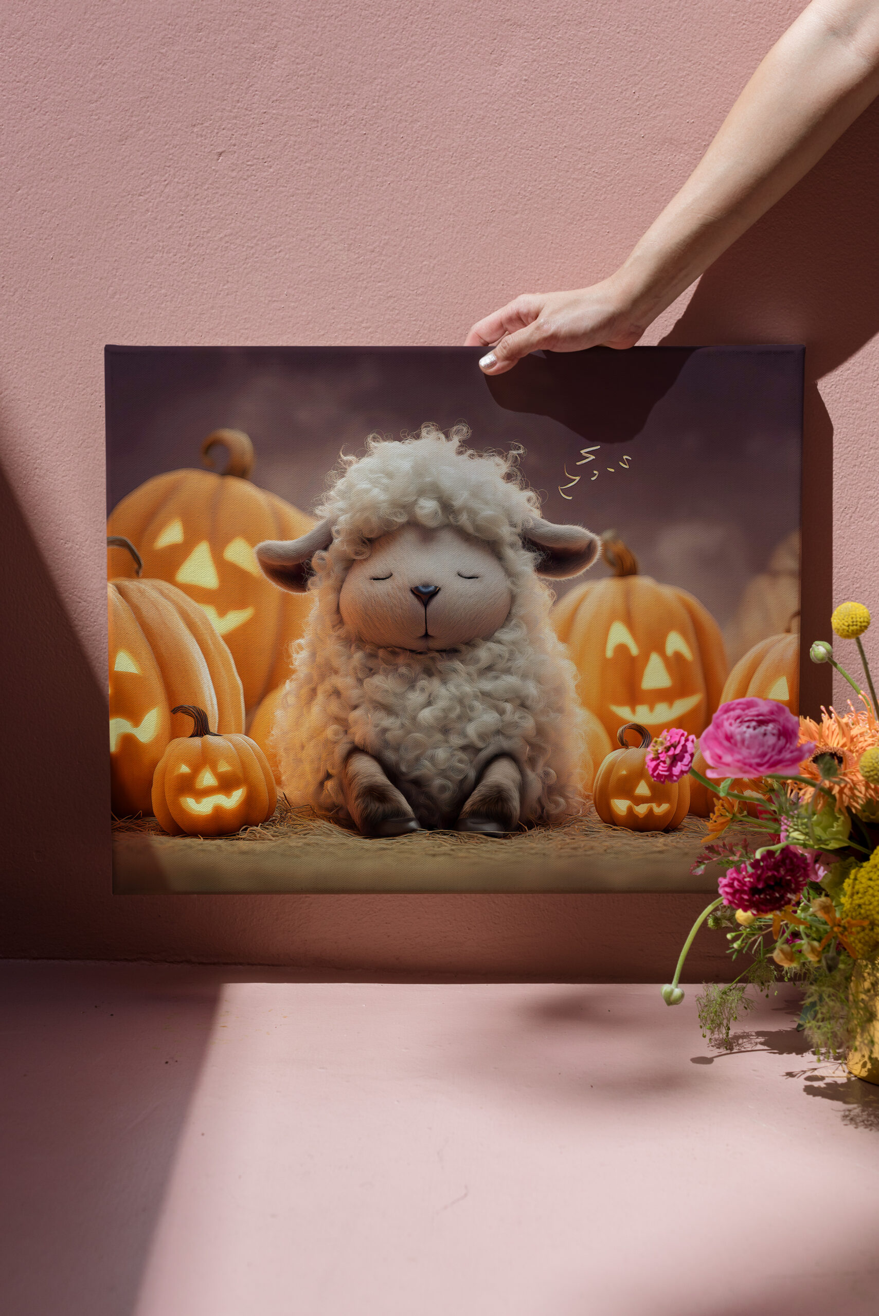 raxxa Canva: Sheep sleeping among Halloween pumpkins illustration
