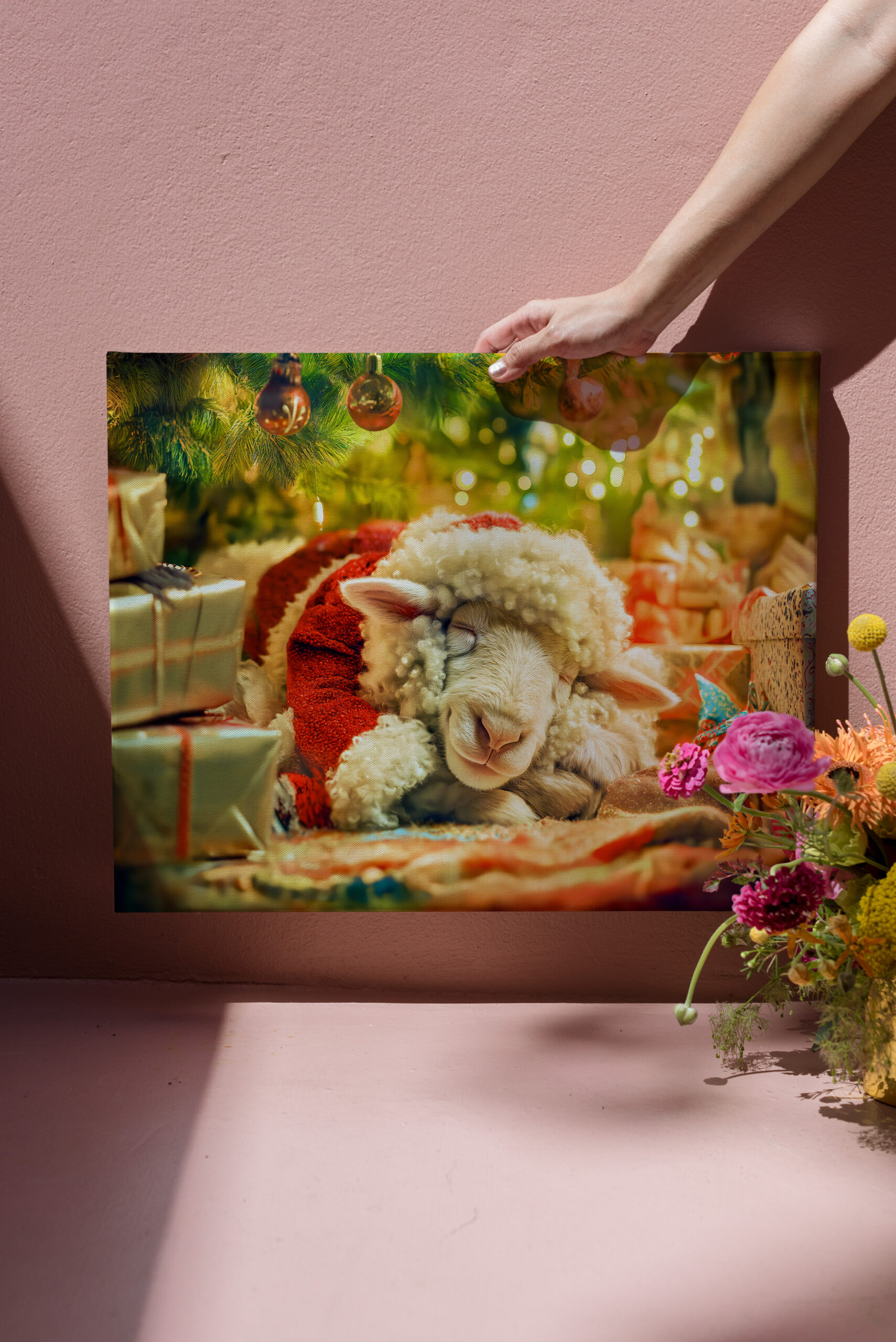 raxxa Canva: Sleeping sheep under Christmas tree lights