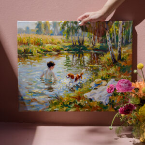 raxxa Canva: Woman Bathing in Pond with Cavalier Spaniel