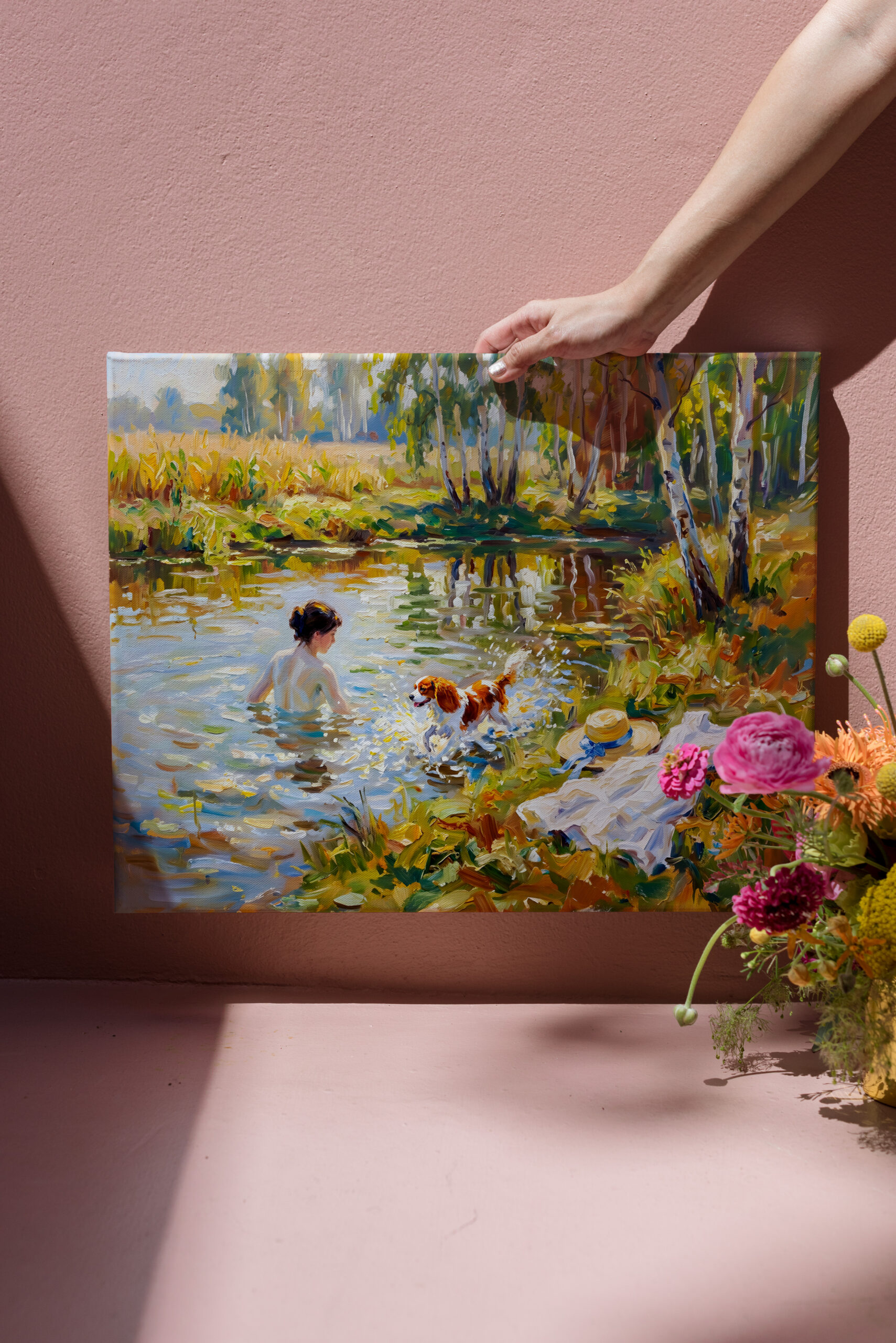 raxxa Canva: Woman Bathing in Pond with Cavalier Spaniel