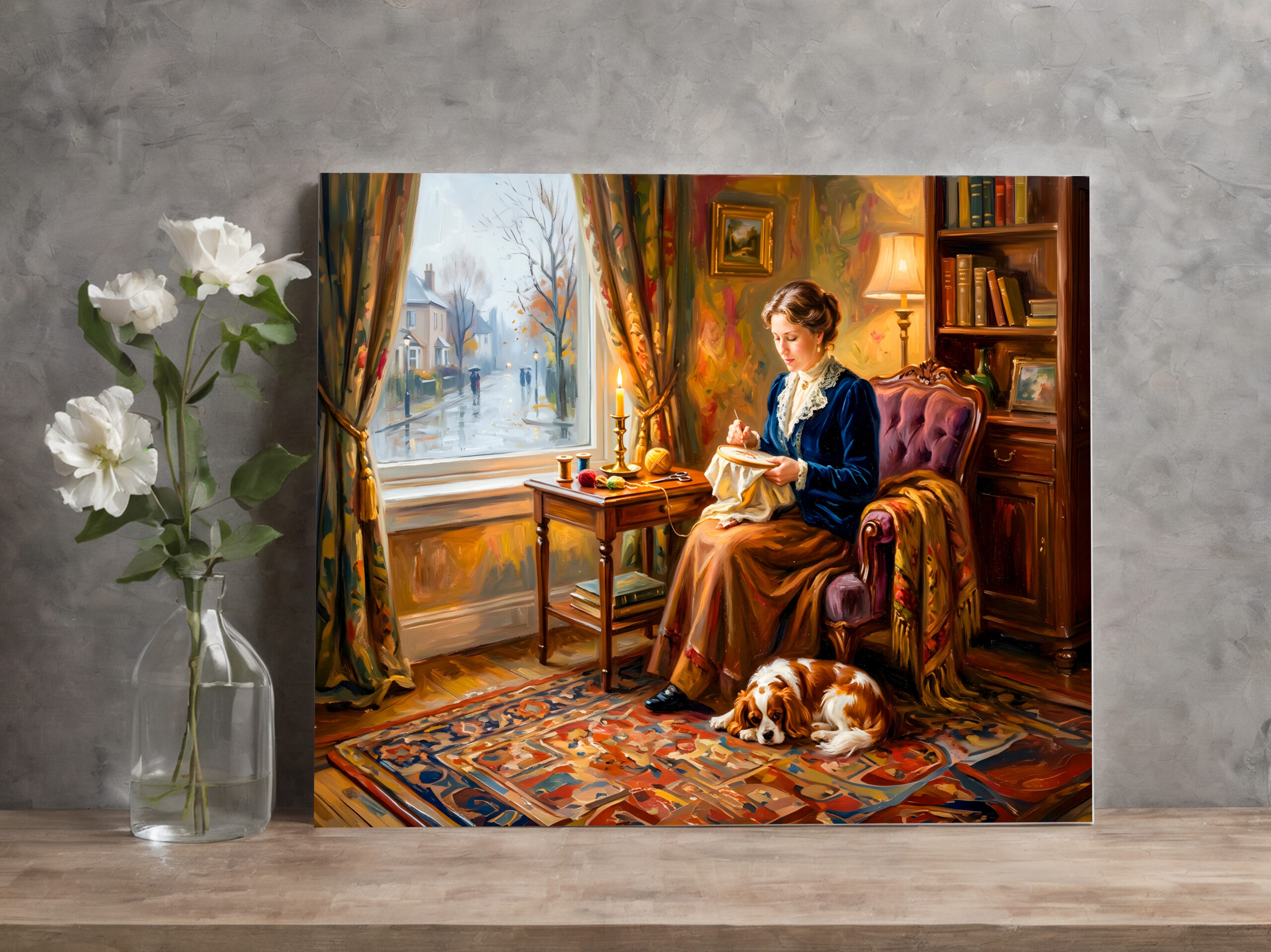 raxxa Canva: Woman Embroidering by Window with Cavalier Spaniel - Image 2