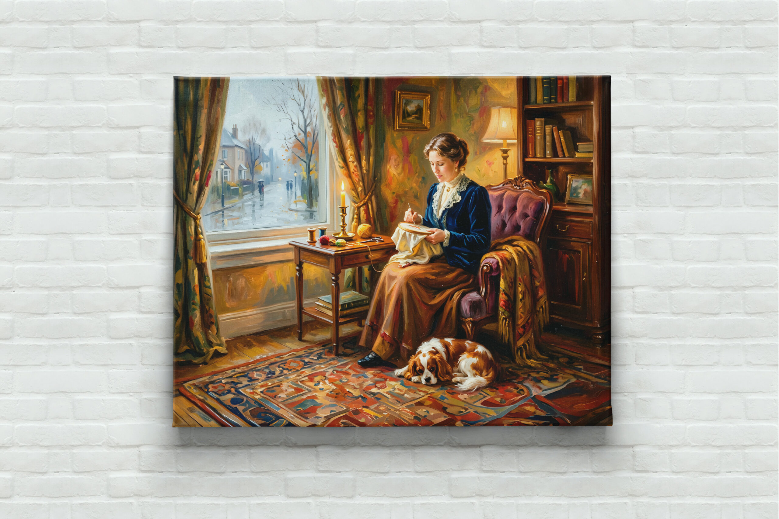 raxxa Canva: Woman Embroidering by Window with Cavalier Spaniel - Image 3