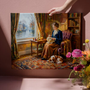 raxxa Canva: Woman Embroidering by Window with Cavalier Spaniel