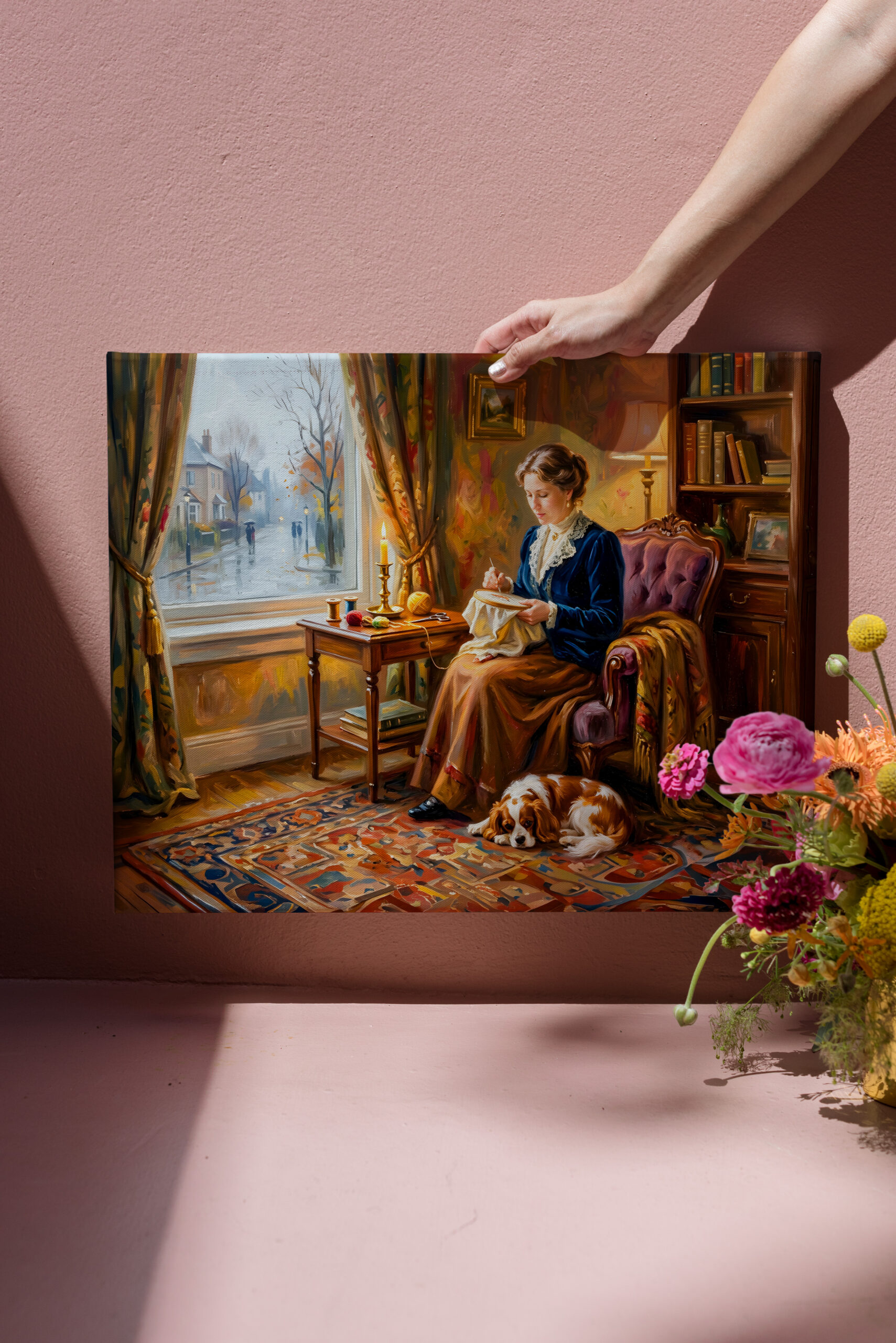 raxxa Canva: Woman Embroidering by Window with Cavalier Spaniel