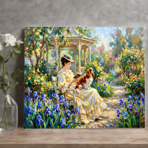 raxxa Canva: Woman Reading in Garden with Cavalier Spaniel