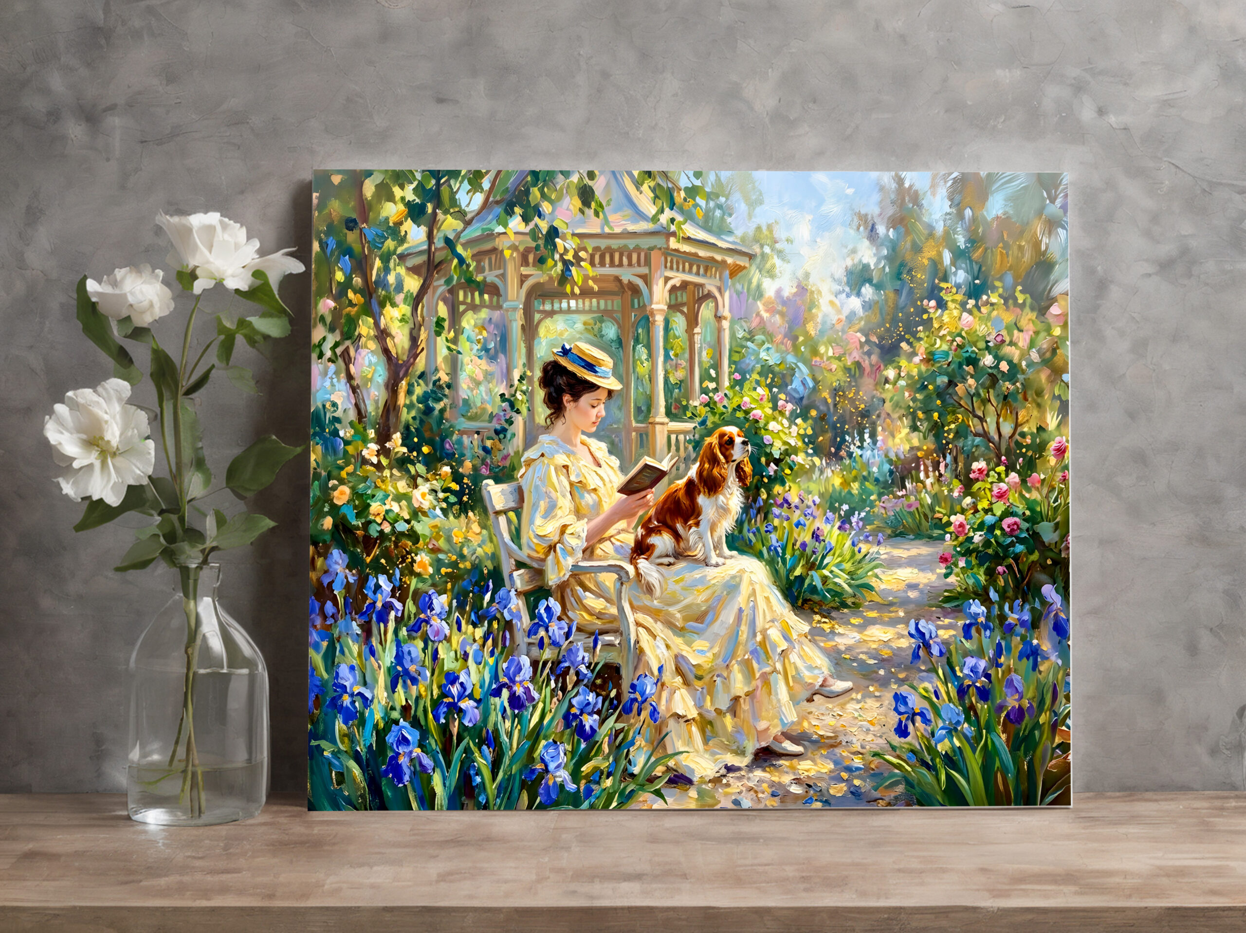 raxxa Canva: Woman Reading in Garden with Cavalier Spaniel