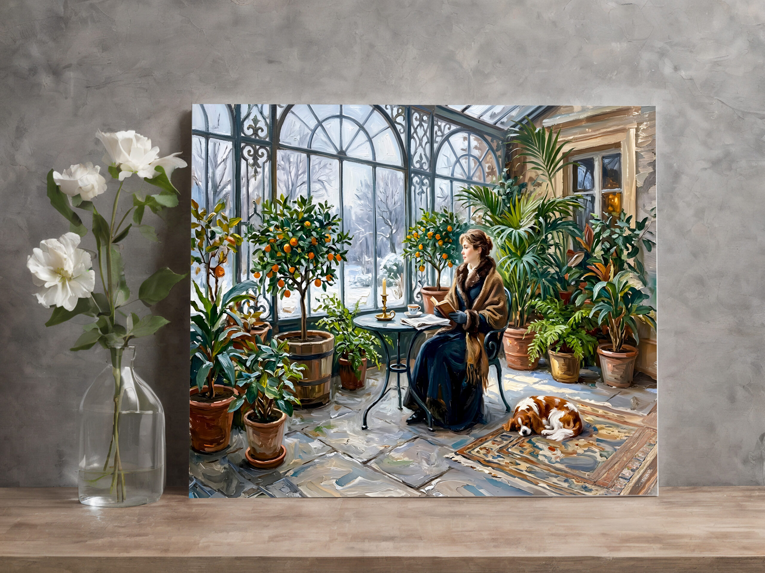 raxxa Canva: Cozy Winter Orangery with Cavalier Spaniel