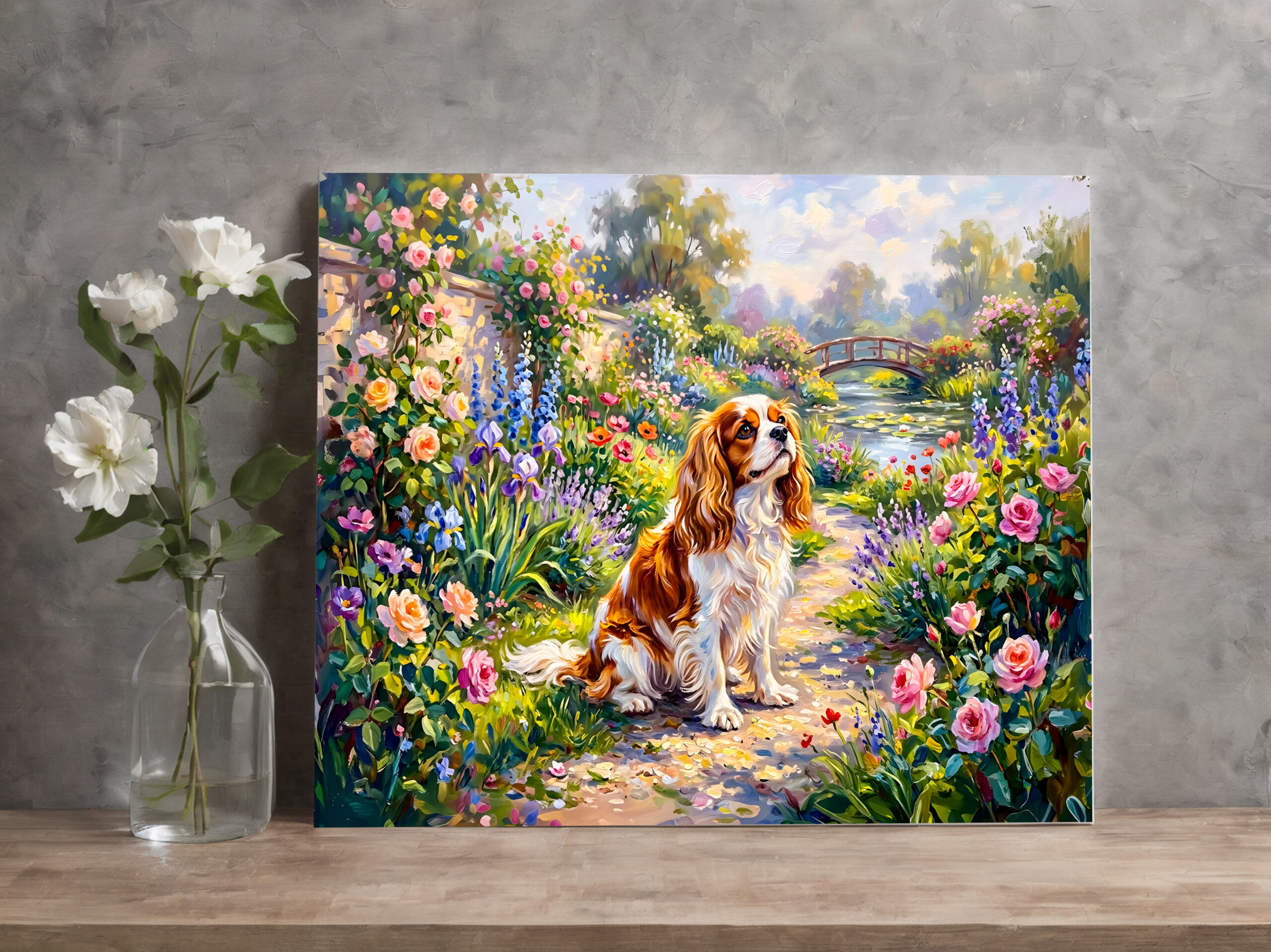 raxxa Canva: Cavalier Spaniel in Summer Garden by Pond