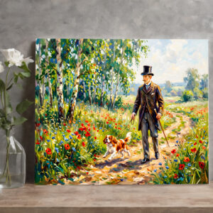 raxxa Canva: Man Walking Field Path with Cavalier Spaniel
