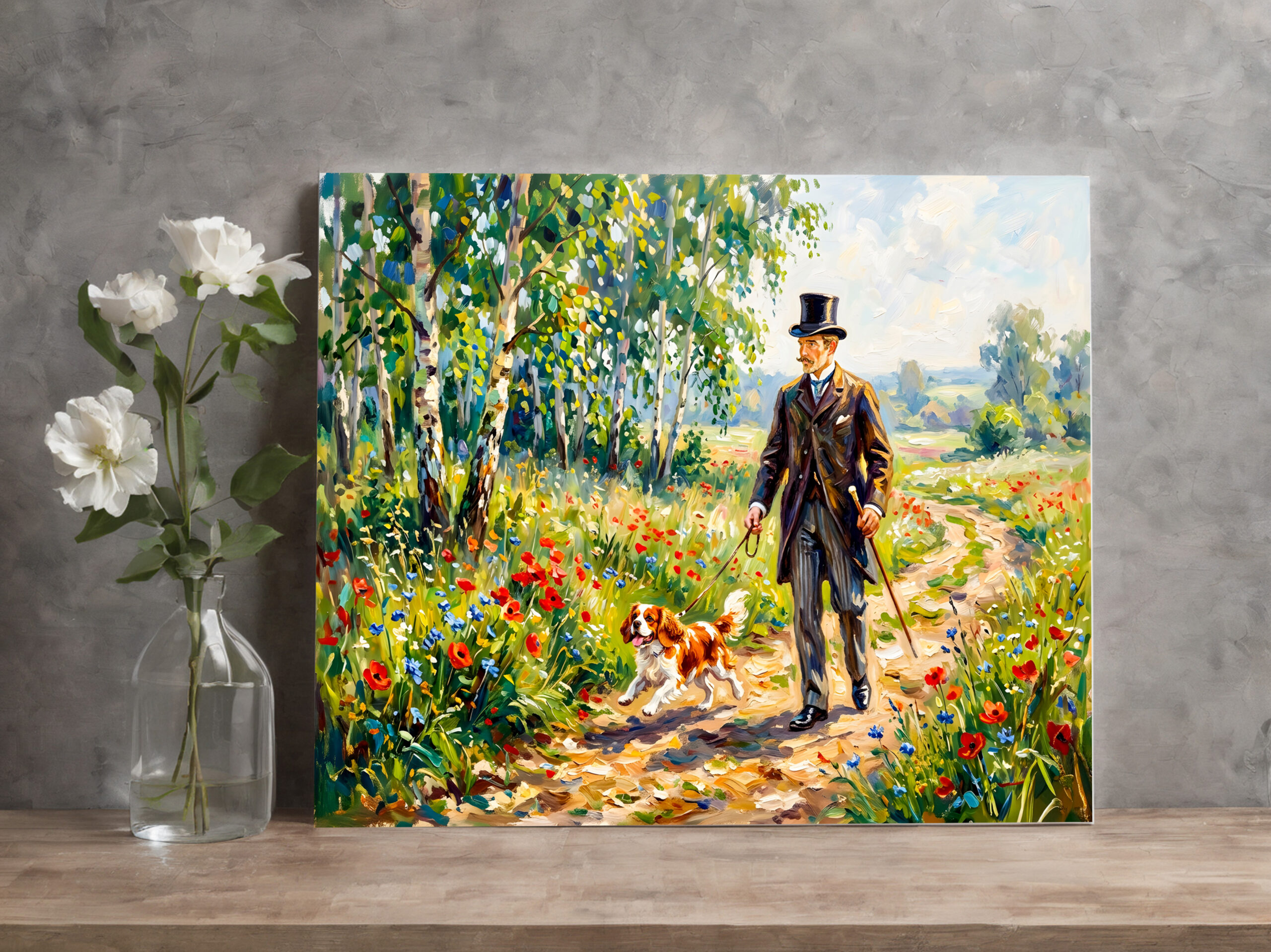 raxxa Canva: Man Walking Field Path with Cavalier Spaniel