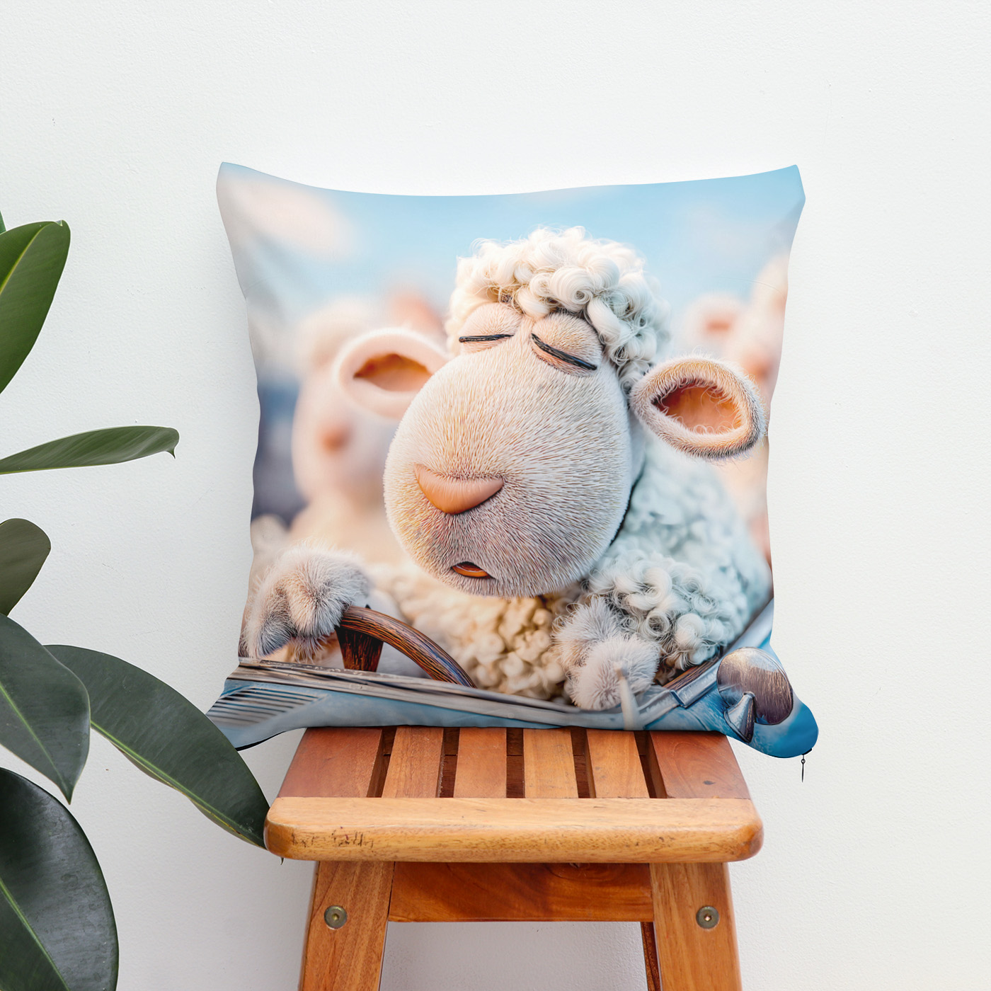 Kissen: Sheep sleeping at car steering wheel illustration