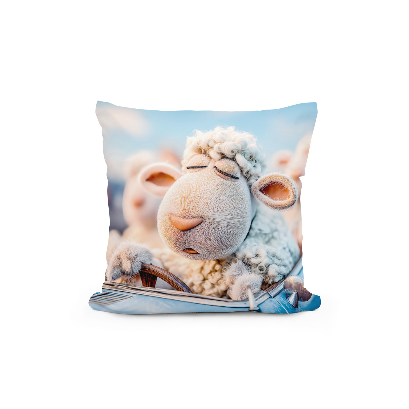 Kissen: Sheep sleeping at car steering wheel illustration – Image 2