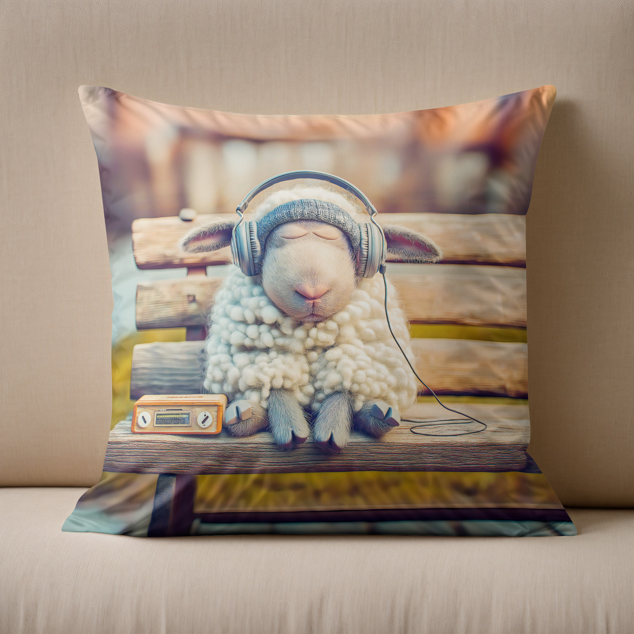Kissen: Sheep napping with headphones bench