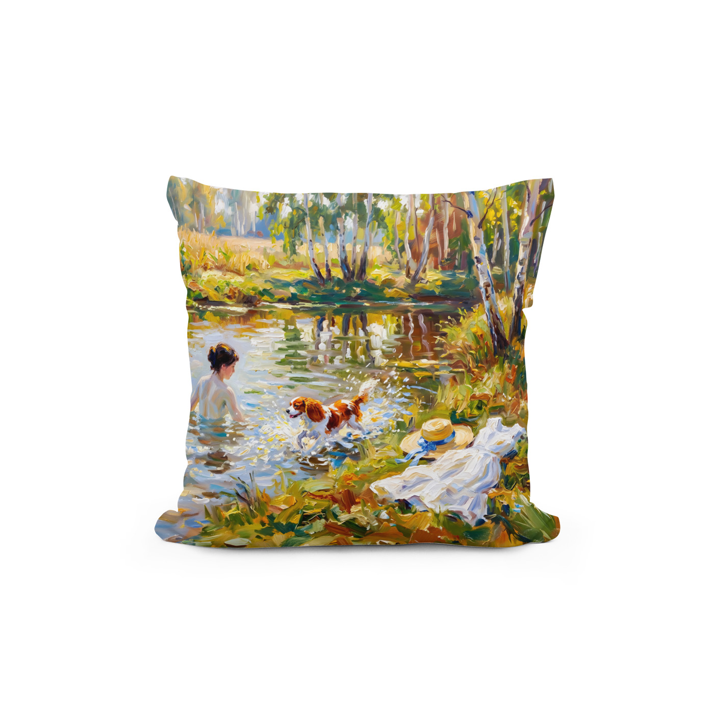 Kissen: Woman Bathing in Pond with Cavalier Spaniel – Bild 2