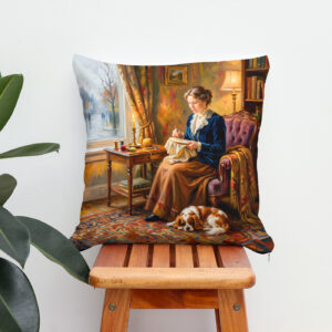 Kissen: Woman Embroidering by Window with Cavalier Spaniel