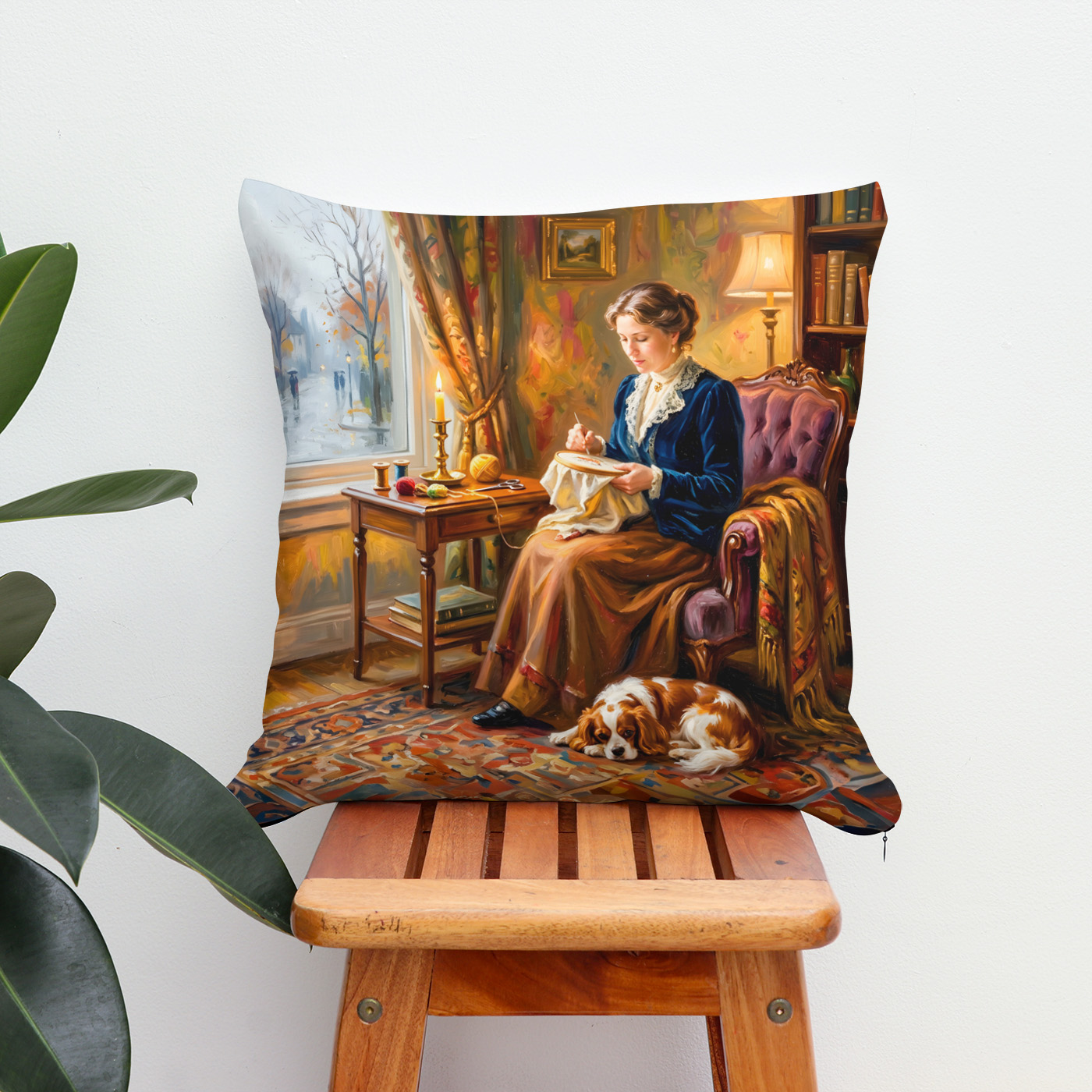 Kissen: Woman Embroidering by Window with Cavalier Spaniel