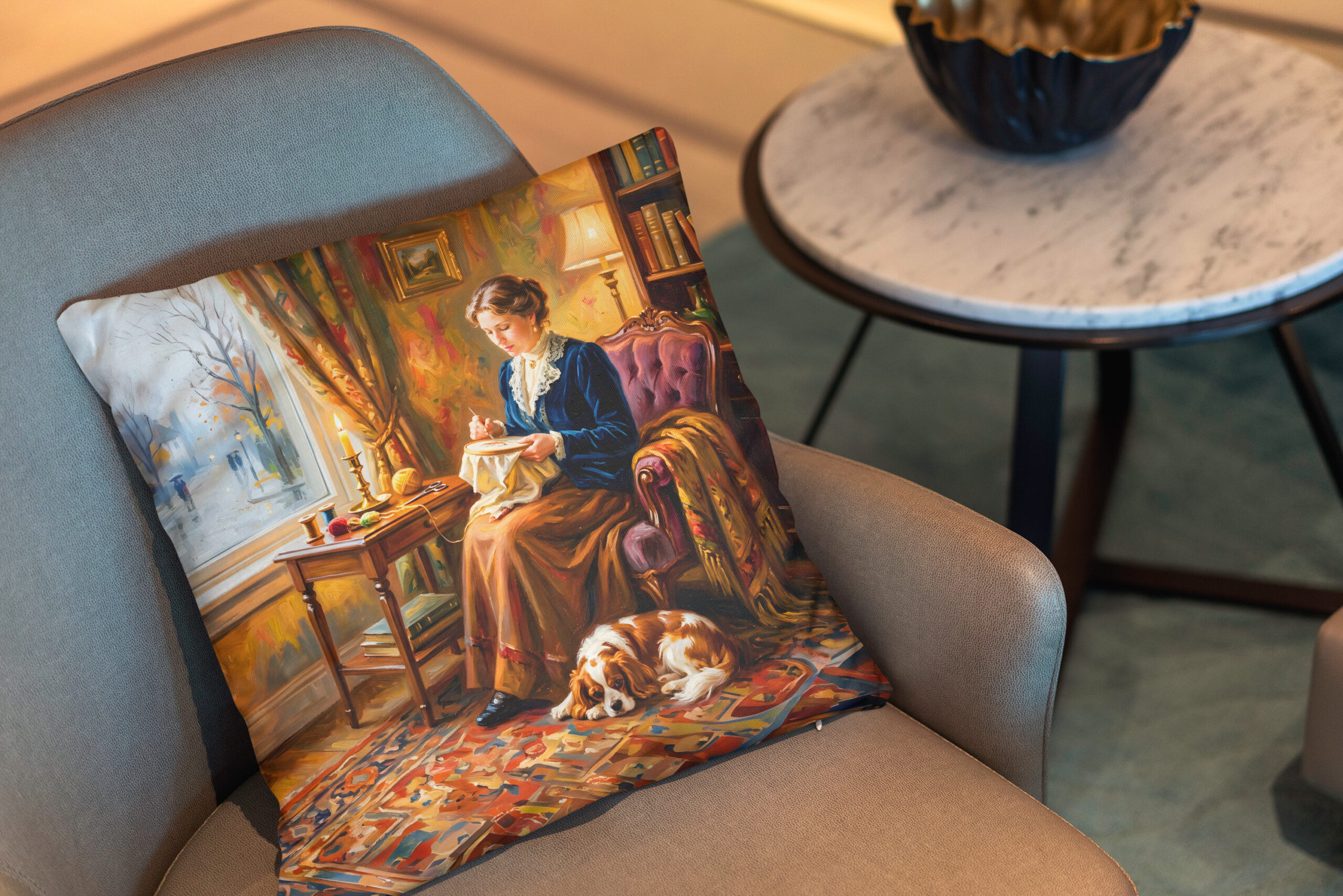Kissen: Woman Embroidering by Window with Cavalier Spaniel – Bild 2