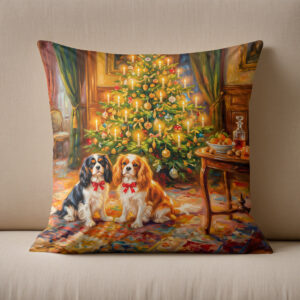 Kissen: Cavalier Spaniels by Christmas Tree