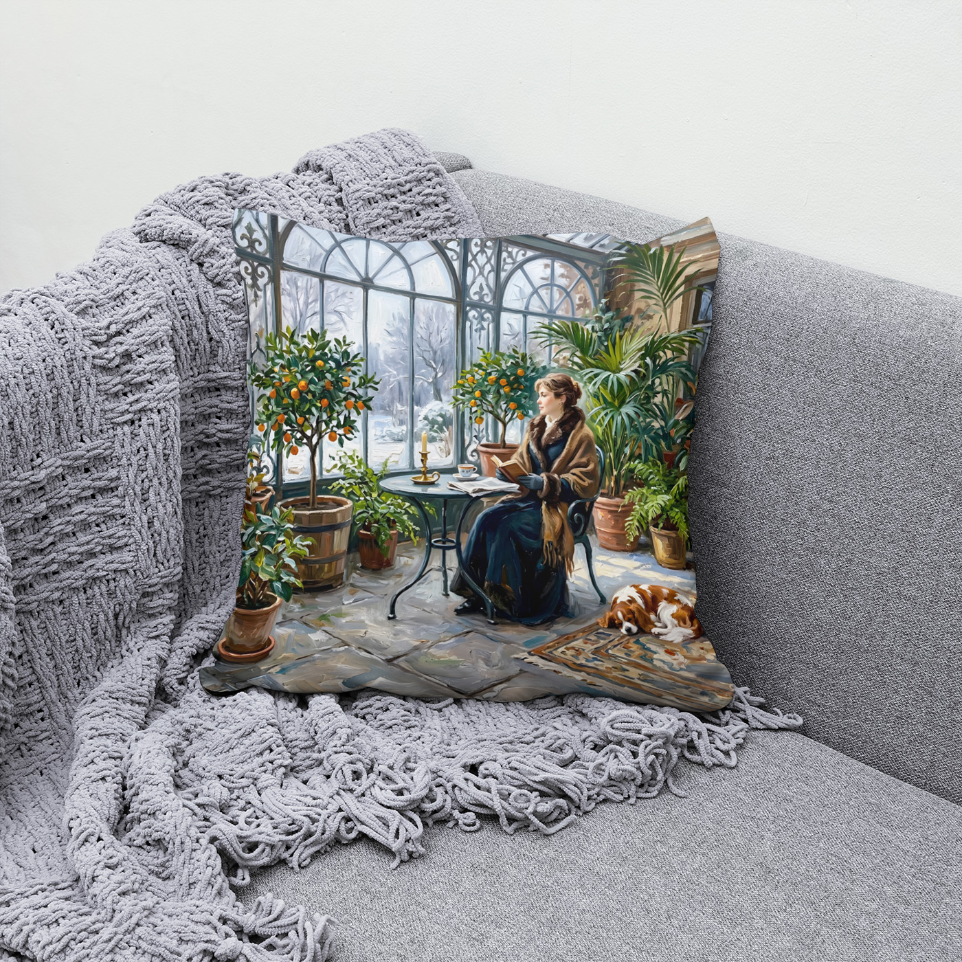 Kissen: Cozy Winter Orangery with Cavalier Spaniel