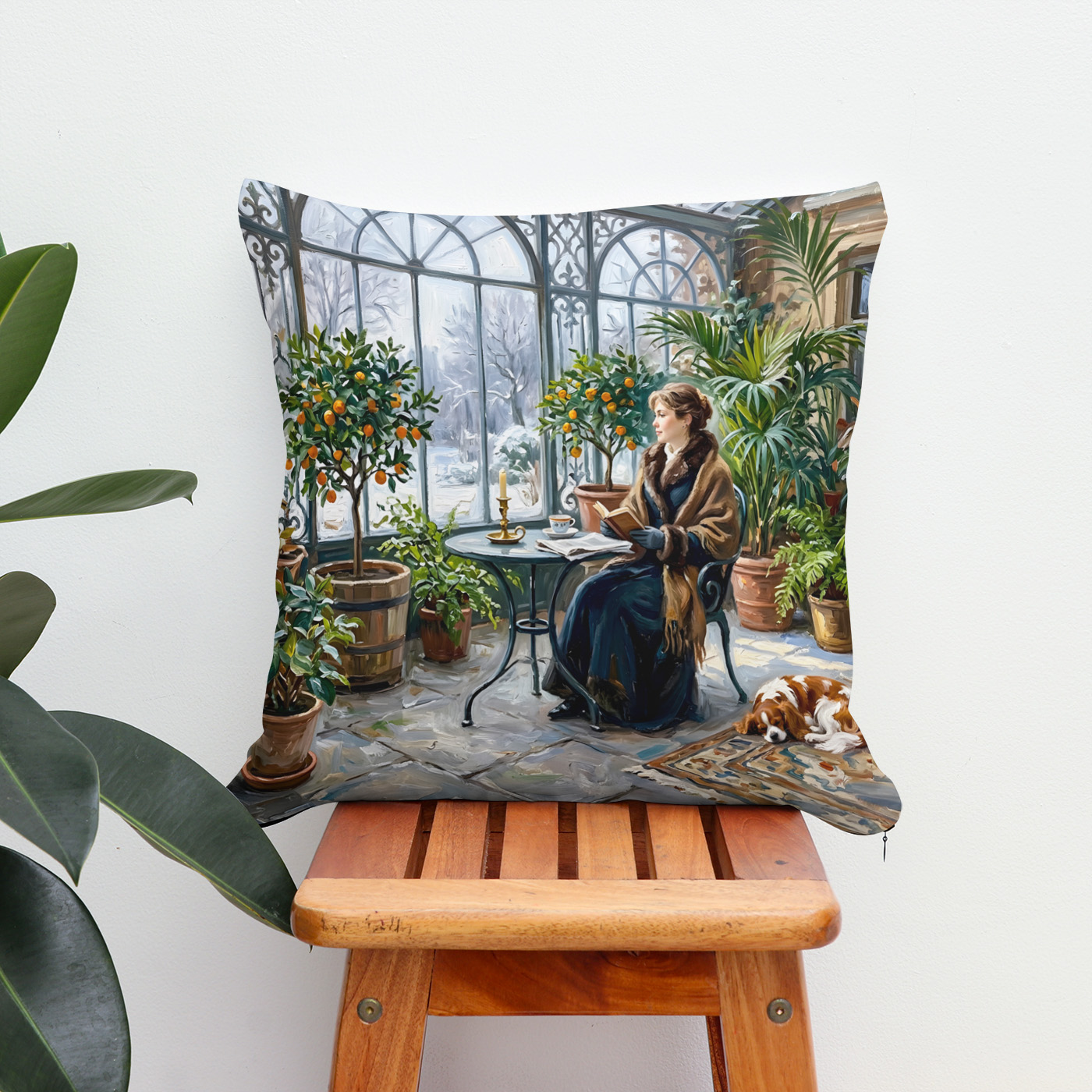 Kissen: Cozy Winter Orangery with Cavalier Spaniel – Bild 2