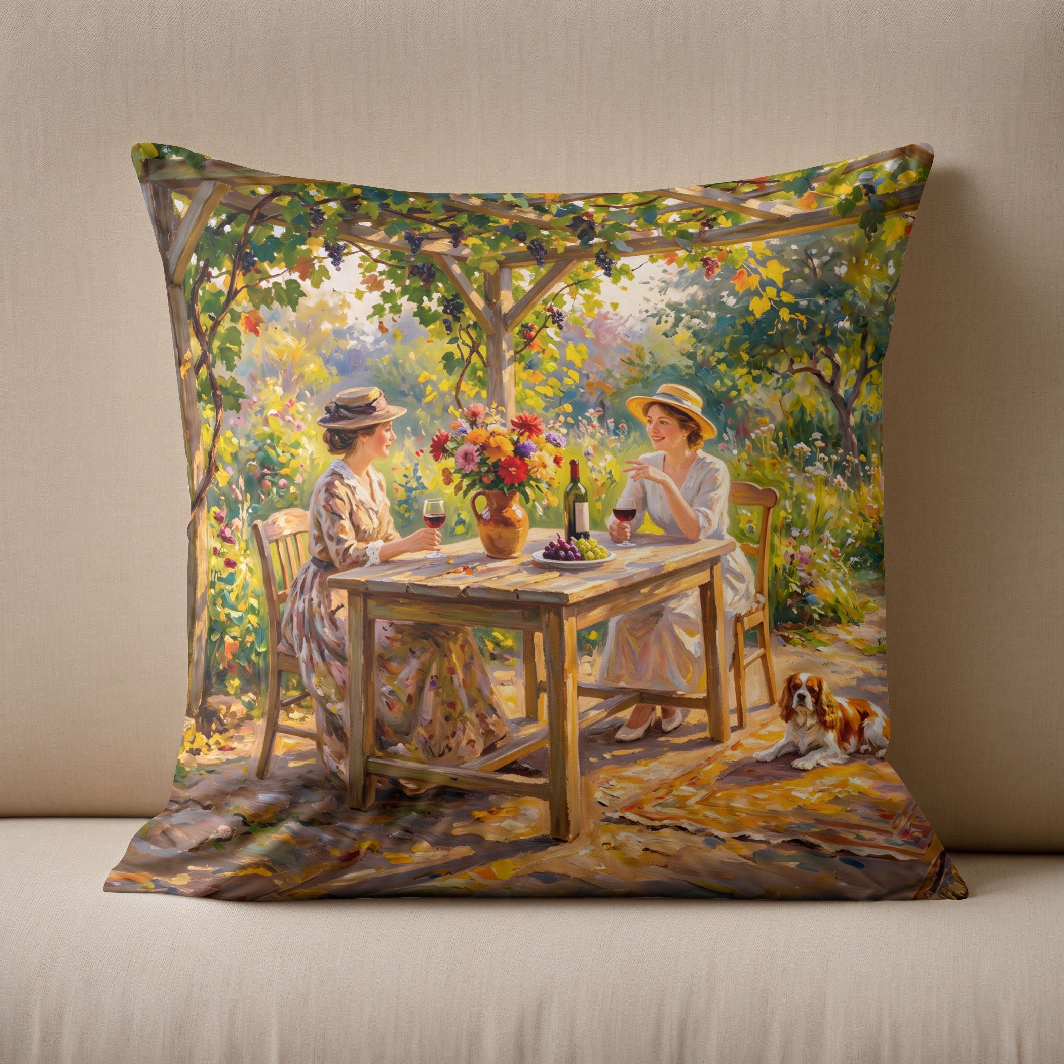 Kissen: Ladies Sharing Wine Under Garden Pergola
