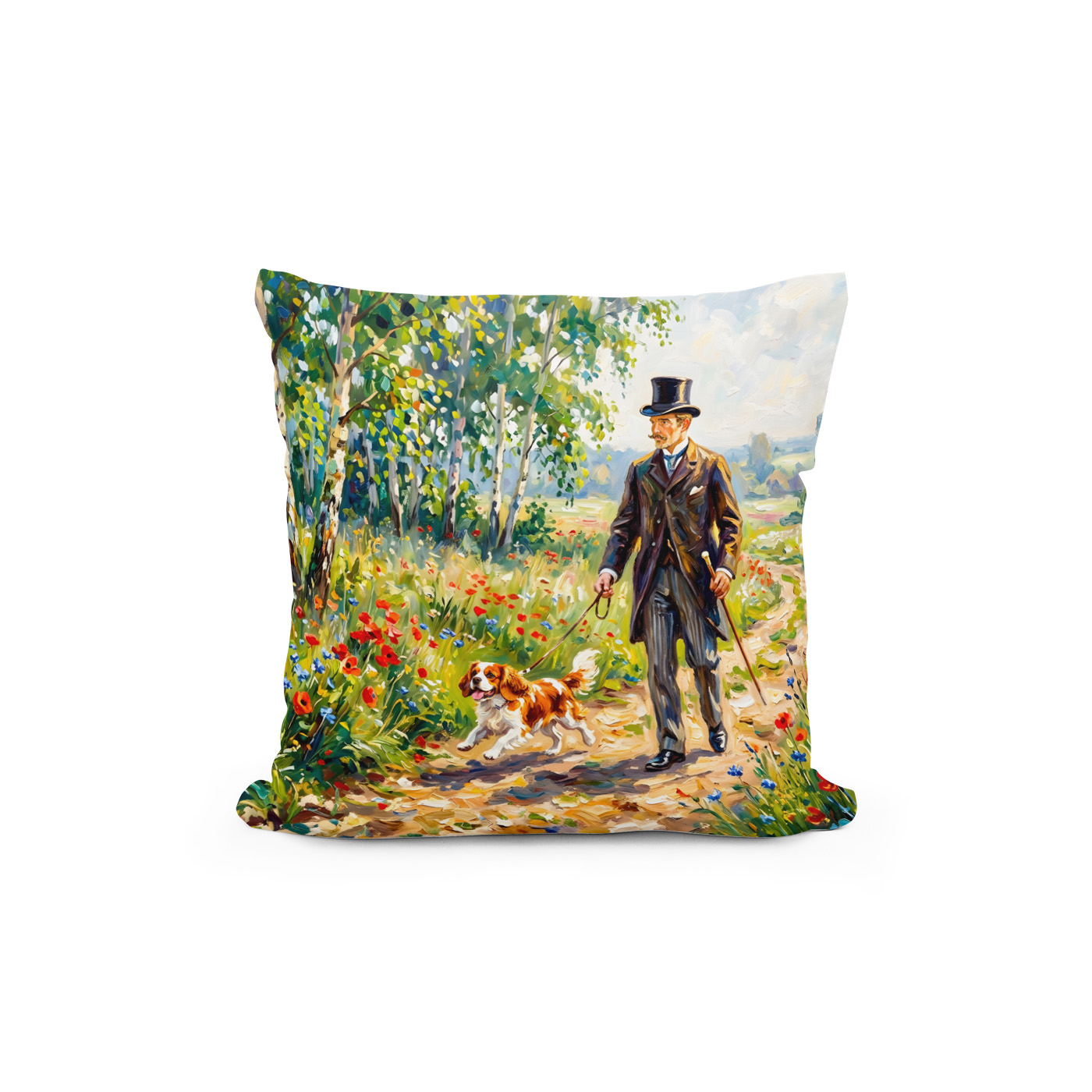 Kissen: Man Walking Field Path with Cavalier Spaniel – Bild 2