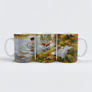 raxxa Premium-Tasse: Woman Bathing in Pond with Cavalier Spaniel