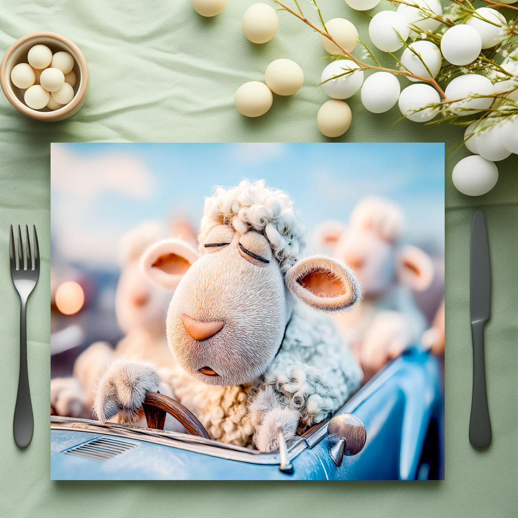 raxxa Premium-Tischset: Sheep sleeping at car steering wheel illustration – Bild 3
